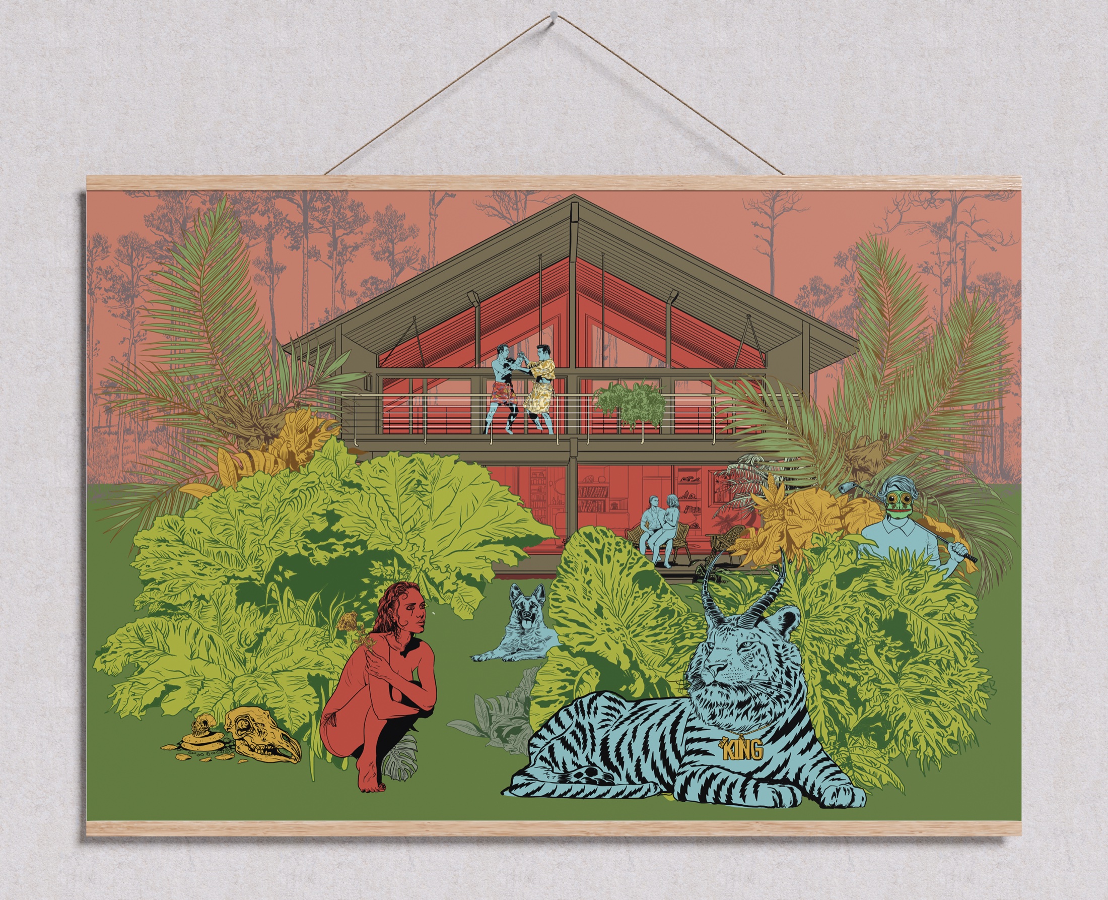Tiger illustration displayed with wooden print hangers