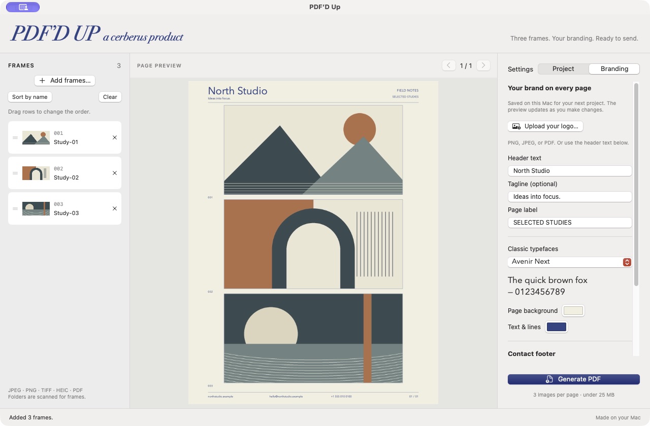 PDF’D Up for Mac, with the Branding controls and a live page preview.